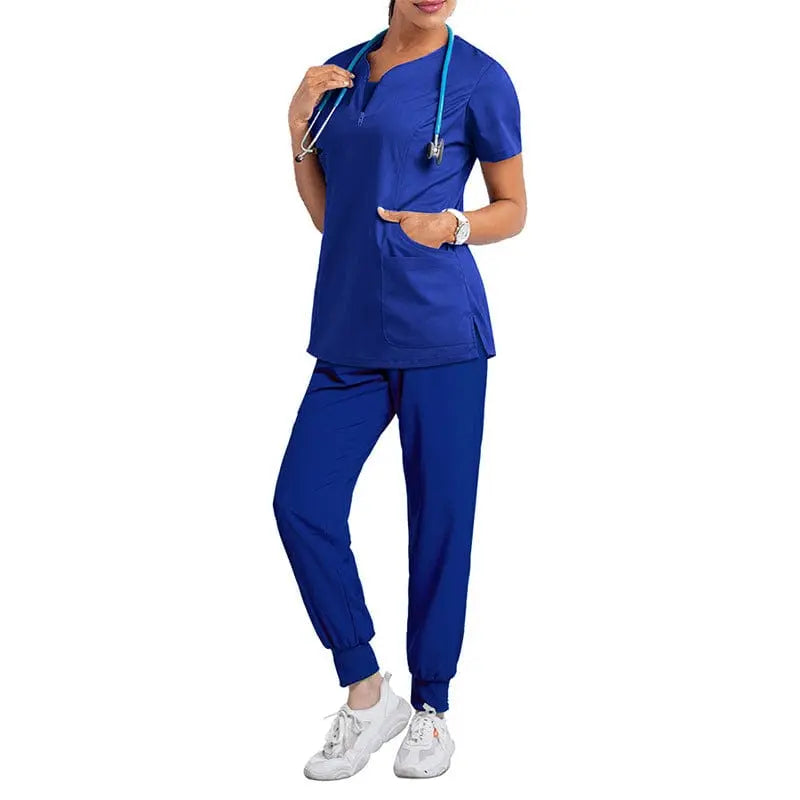 Blue MC Women's Medical Scrub Set featuring short sleeves, hospital nurse uniform, including top and pants, for healthcare professionals.