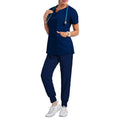Navy short sleeve women's medical scrub set with top and pants, hospital nurse uniform by Showlu Fashion Store.