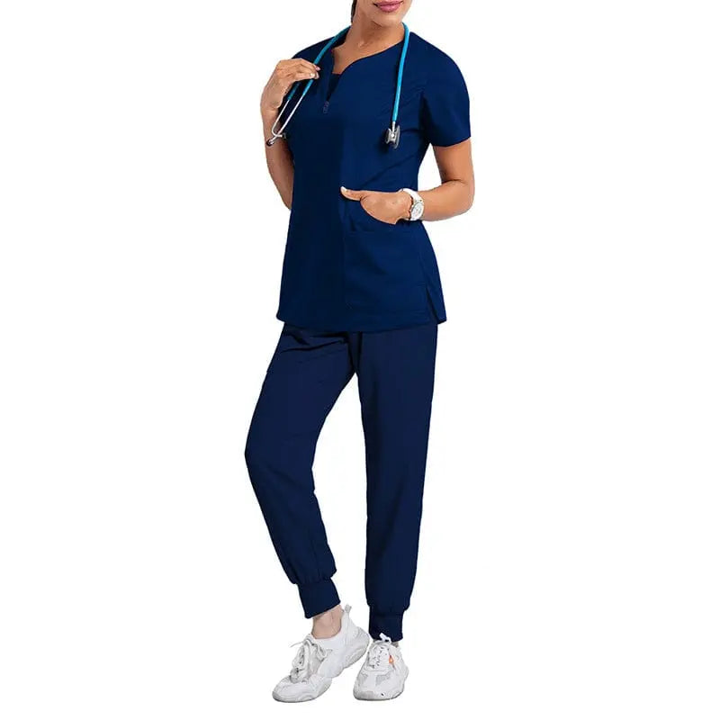 Navy short sleeve women's medical scrub set with top and pants, hospital nurse uniform by Showlu Fashion Store.