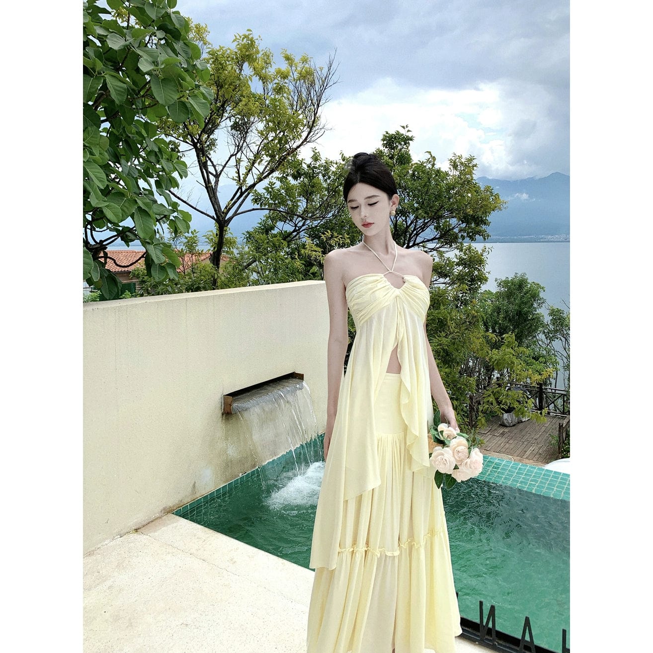  Showlu Fashion Store M / Rice apricot Elegant Sanya Pleated Tube Top Dress Suit