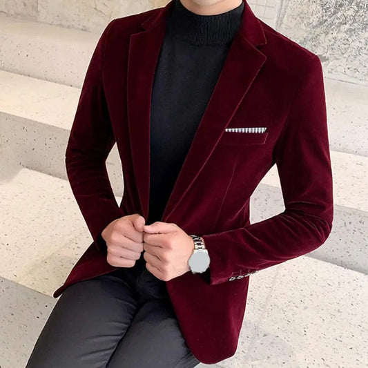 SHOWLU FASHION STORE Male  Formal Velvet One Button Blazer Spring Suit Jacket Long Sleeve   for Party