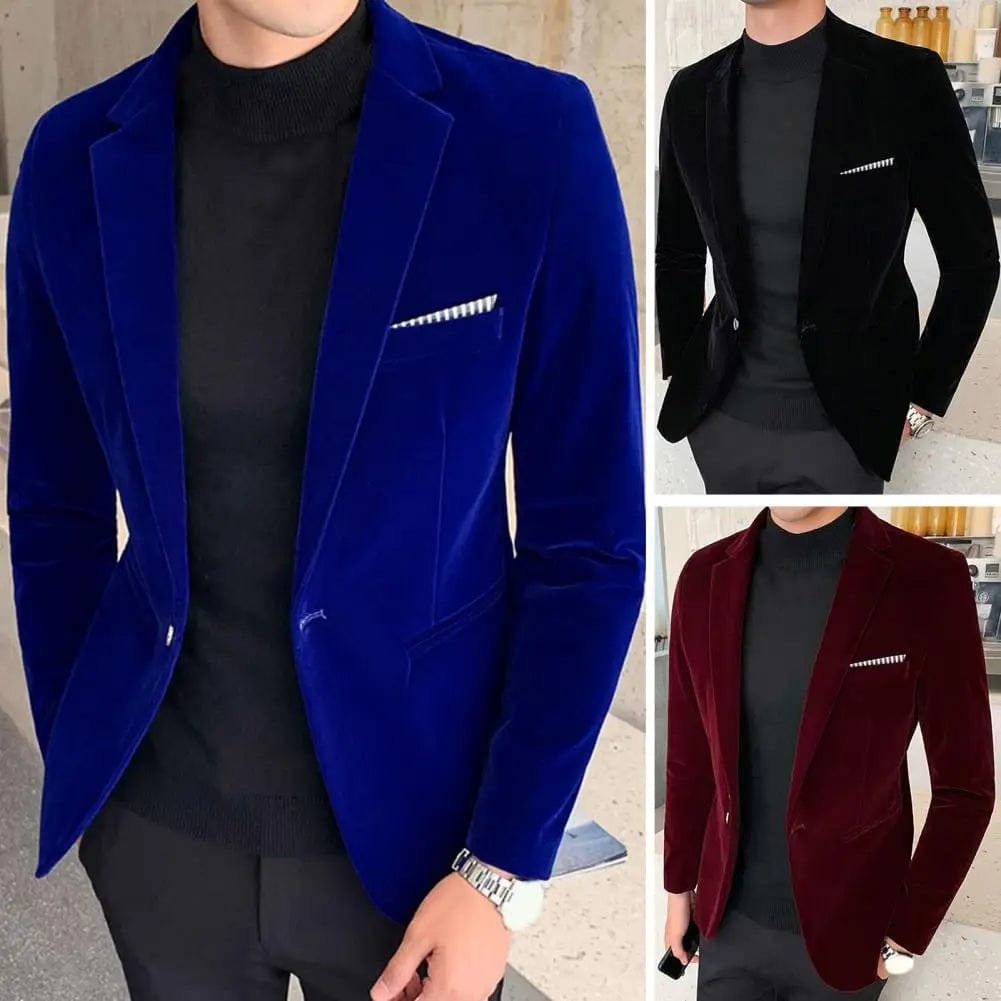 SHOWLU FASHION STORE Male  Formal Velvet One Button Blazer Spring Suit Jacket Long Sleeve   for Party