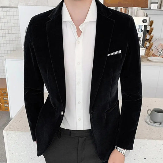 SHOWLU FASHION STORE Male  Formal Velvet One Button Blazer Spring Suit Jacket Long Sleeve   for Party