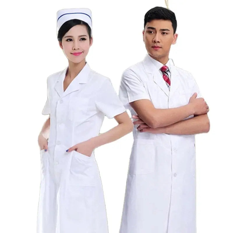 Showlu unisex short sleeve nurse uniform and white doctor lab coat gown for healthcare professionals and medical staff.