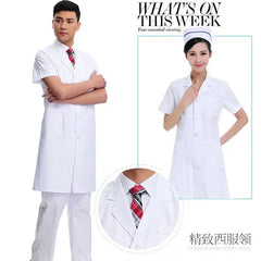 A man and a woman wearing white short-sleeved medical uniforms with notched lapels.