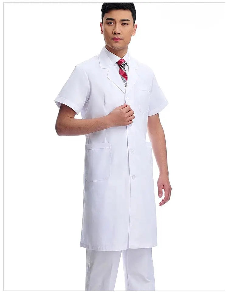 White Showlu unisex short sleeve nurse uniform and doctor lab coat gown, perfect for hospitals, clinics, and healthcare settings.