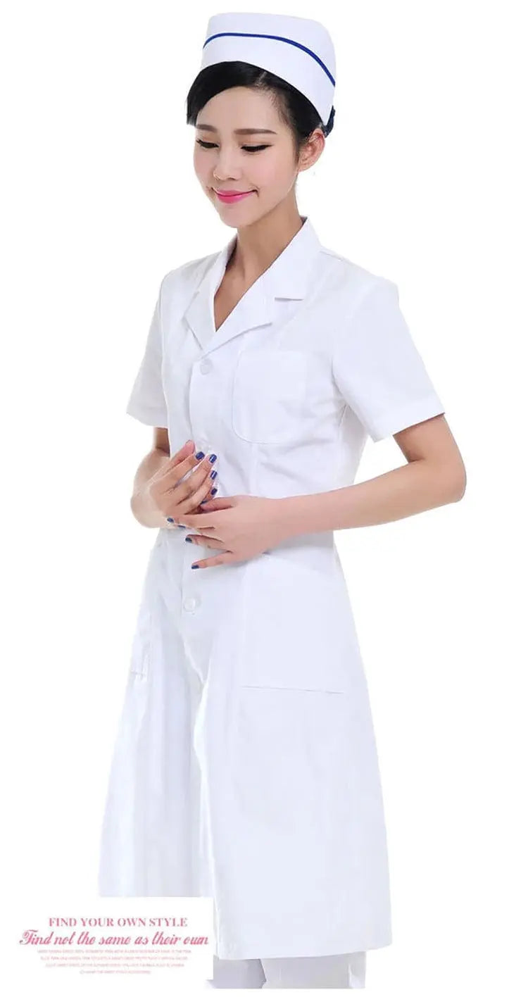 Showlu unisex white short sleeve nurse uniform, doctor lab coat gown for hospital, clinic, or beauty salon professionals.