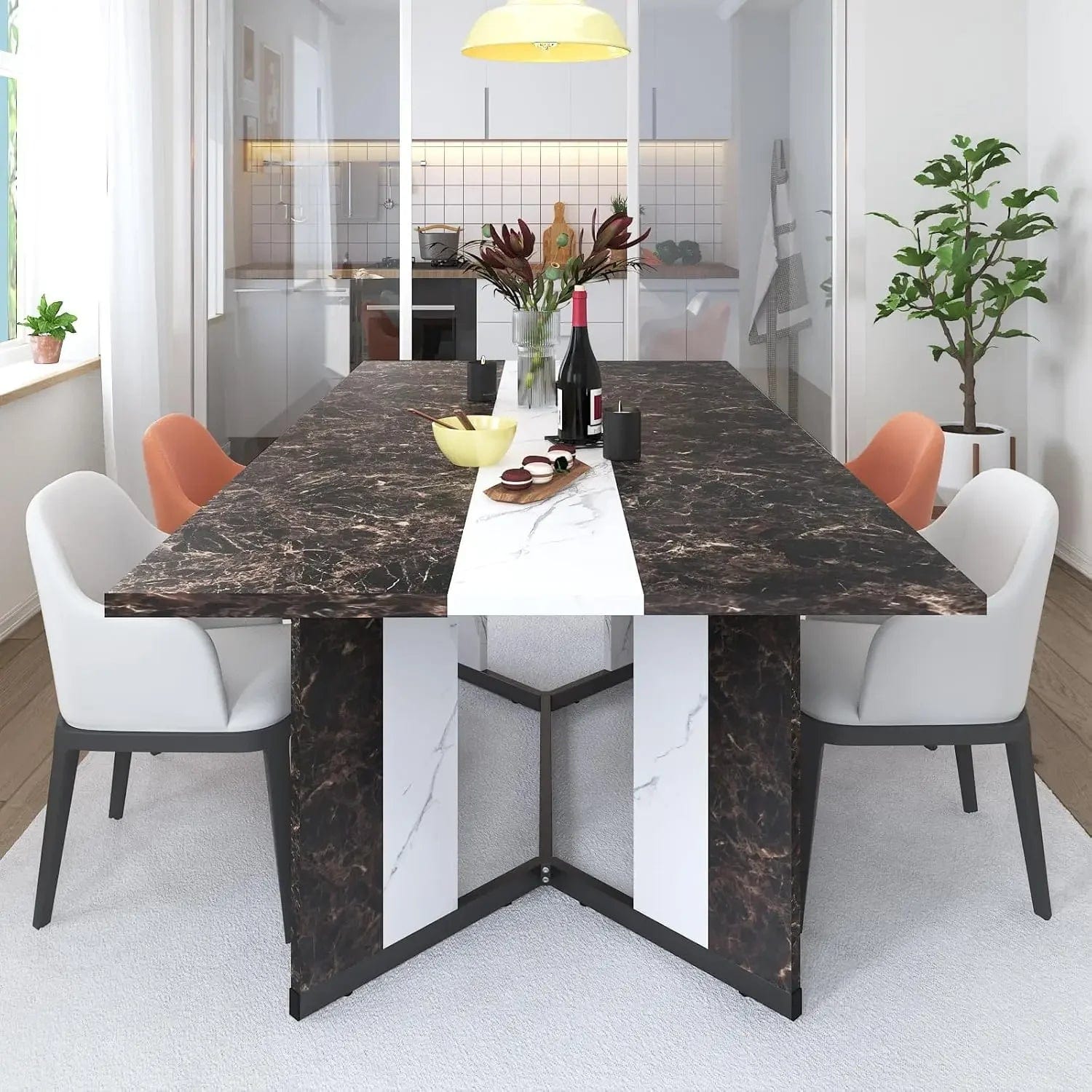 SHOWLU FASHION STORE Marble-black / United States Large Rectangular White Dining Table , Wood Watrproof Tabletop, Luxurious Family Dinner Table for Office Kitchen Living Room