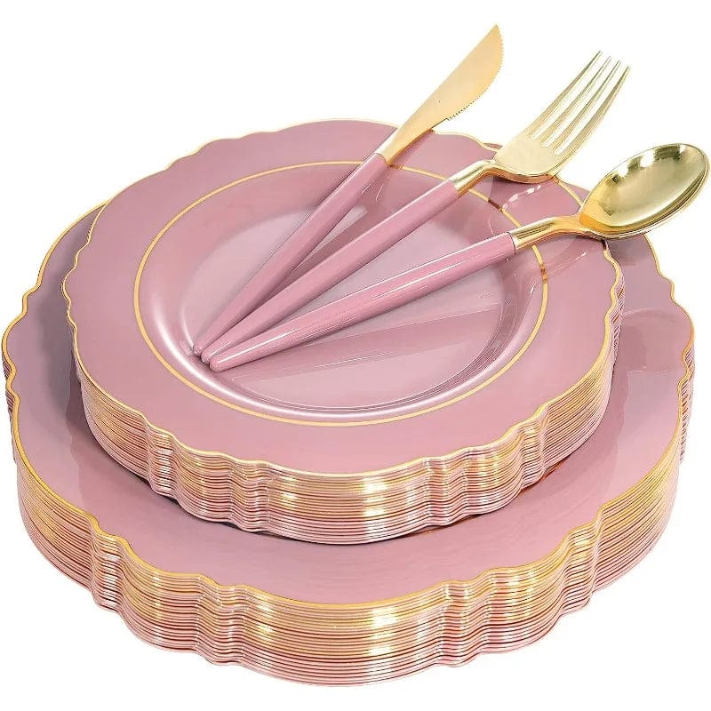 Showlu Fashion Store Mauve / United States / 100PCS 100PCS  Plastic Plates With Gold Rim Disposable Silverware with Include 40 Plates, 60  Plastic Sivlerware