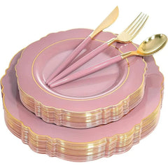 Showlu Fashion Store Mauve / United States / 100PCS 100PCS  Plastic Plates With Gold Rim Disposable Silverware with Include 40 Plates, 60  Plastic Sivlerware