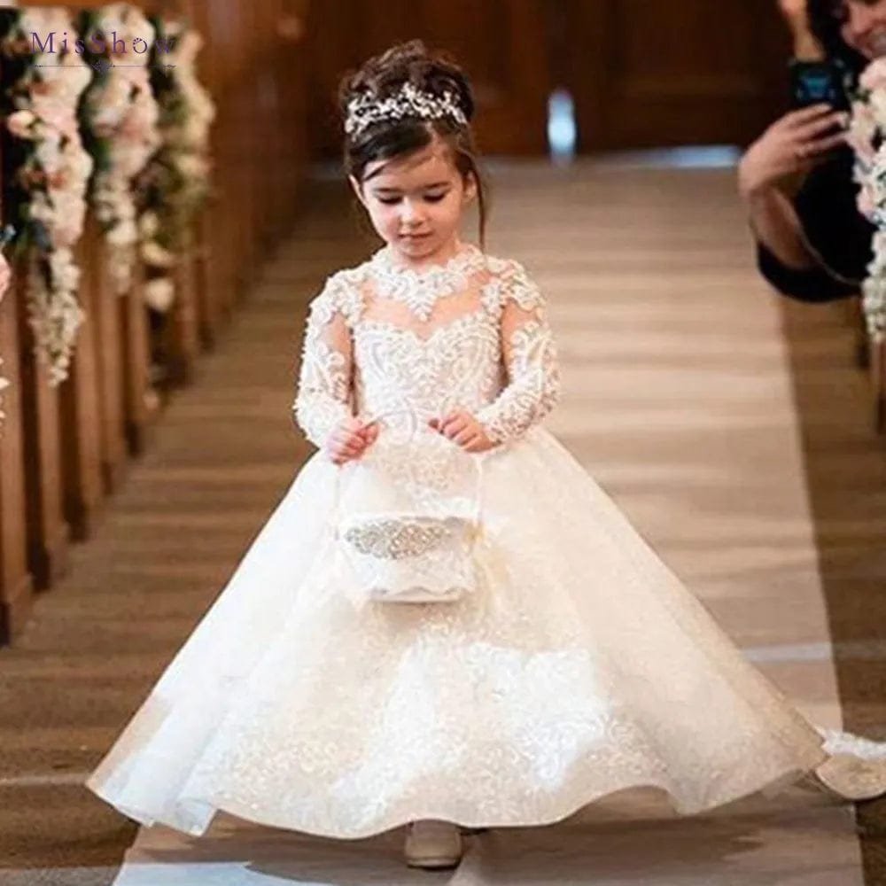  Showlu Fashion Store MC2221 Ivory / Child-5 / CHINA MisShow Princess Lace Flower Girl Dresses Long Sleeves Floor Length Pageant Dresses First Communion Dresses Ball Gowns For Girl