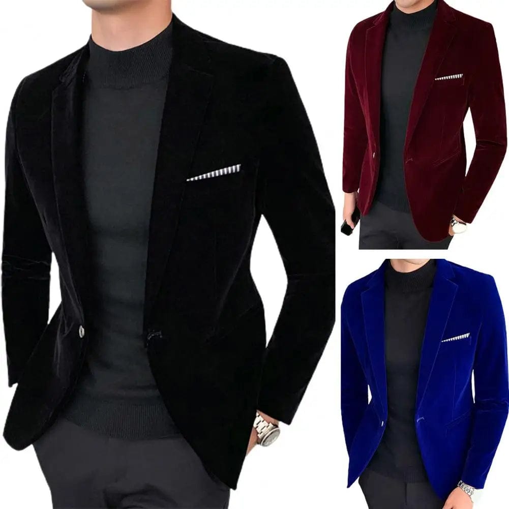 SHOWLU FASHION STORE Men Blazer Solid Color Turndown Collar Long Sleeve Suit Jacket Slim Fit Single Button Velvet Suit Coat Men Streetwear For Daily