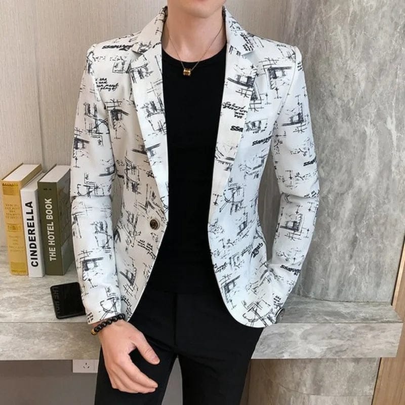  Showlu Fashion Store Men Blazer Spring Fashion High-quality Men Korean Version of The Printed Slim Formal Wedding Party Prom Suit Jacket