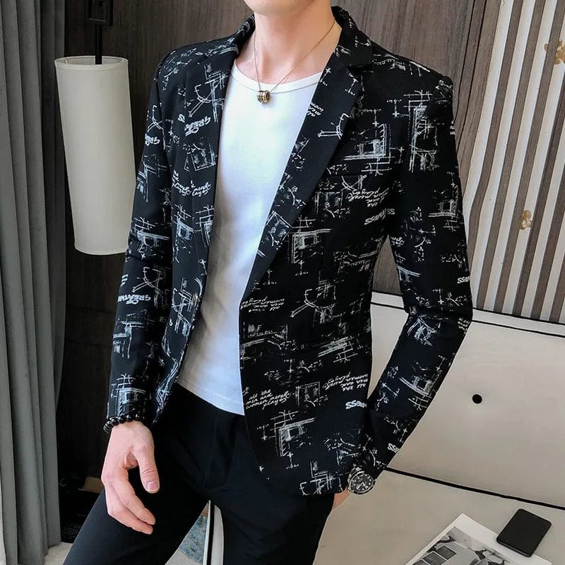  Showlu Fashion Store Men Blazer Spring Fashion High-quality Men Korean Version of The Printed Slim Formal Wedding Party Prom Suit Jacket