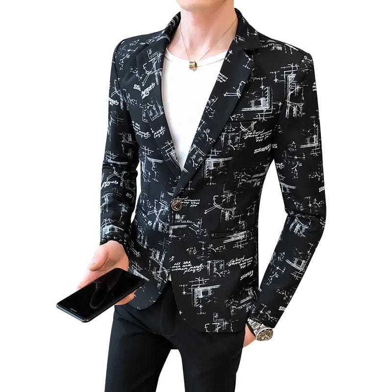  Showlu Fashion Store Men Blazer Spring Fashion High-quality Men Korean Version of The Printed Slim Formal Wedding Party Prom Suit Jacket