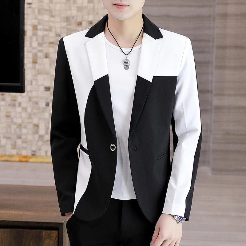  Showlu Fashion Store Men Casual Blazer Stitching Color Business Slim Fit Suit Coat High Quality Long Sleeve Male Formal Single Buckle Suit Jacket