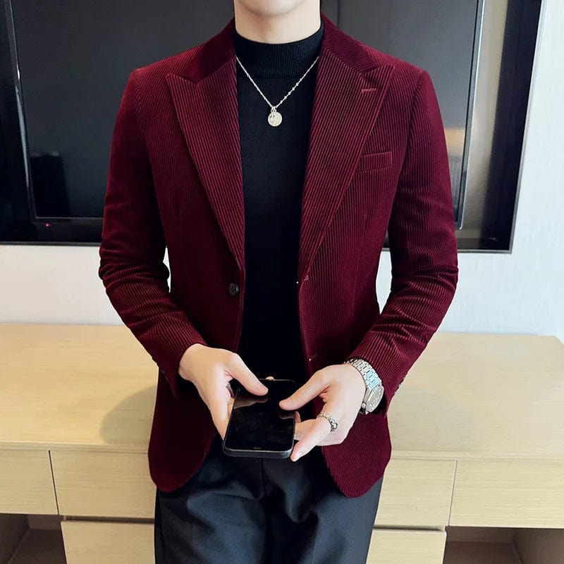 SHOWLU FASHION STORE Men Corduroy Blazer Jackets Slim Fit Luxury Evening Dresses Suit Coat Wedding Prom Clothing Black Red