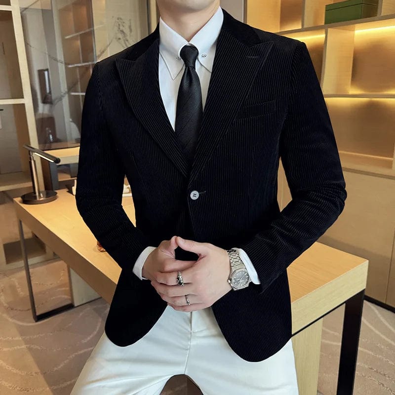 SHOWLU FASHION STORE Men Corduroy Blazer Jackets Slim Fit Luxury Evening Dresses Suit Coat Wedding Prom Clothing Black Red