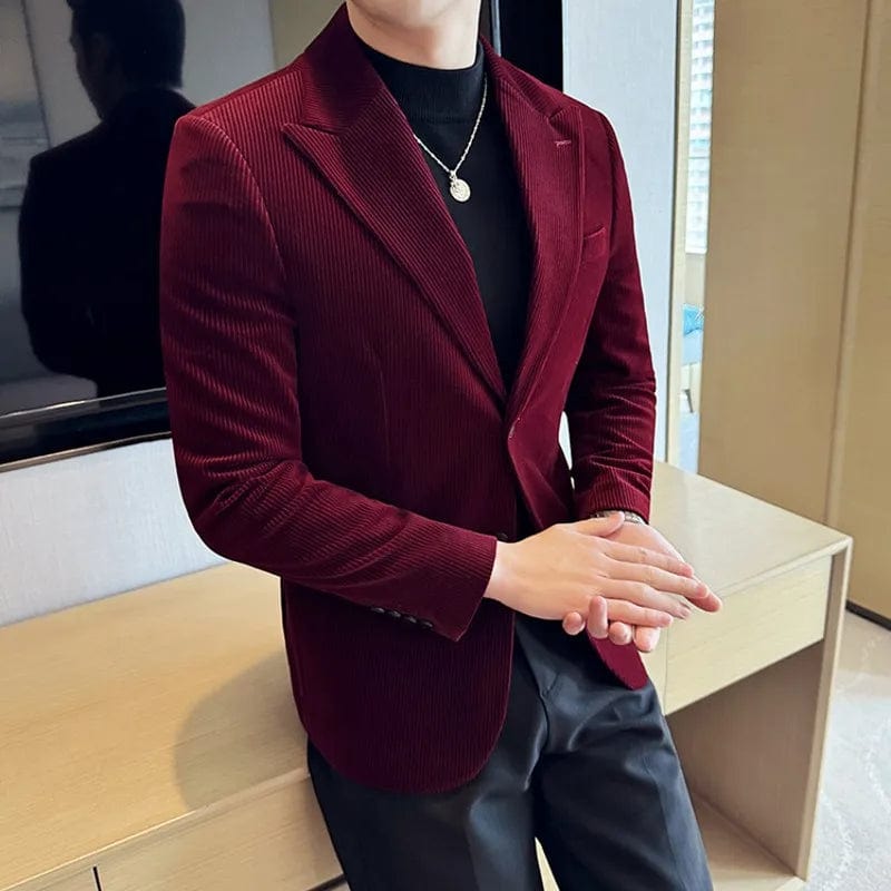 SHOWLU FASHION STORE Men Corduroy Blazer Jackets Slim Fit Luxury Evening Dresses Suit Coat Wedding Prom Clothing Black Red