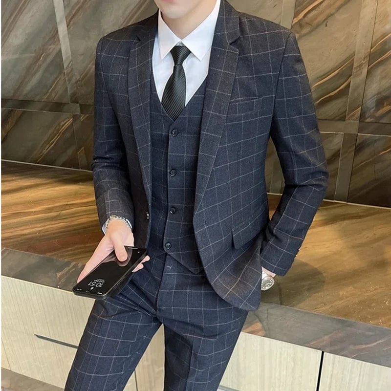 SHOWLU FASHION STORE Men Dress Blazers Pants Vest 3 Piece Set / Male Wedding New 2024 Autumn Business Formal Plaid Suit Luxury Slim Fit Coat Trousers