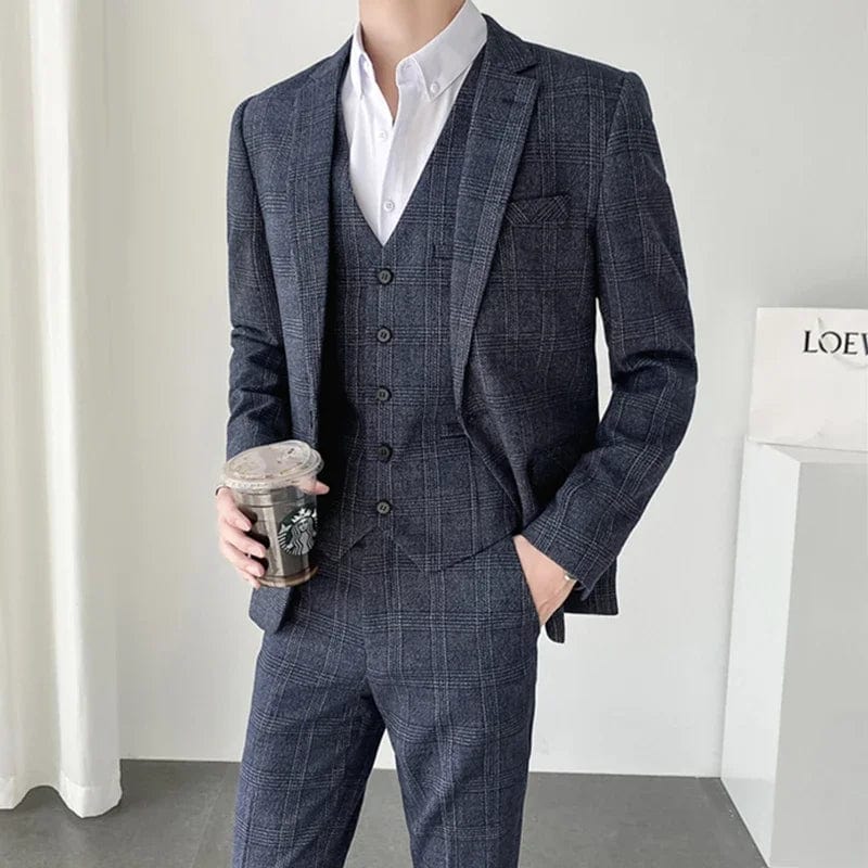 SHOWLU FASHION STORE Men Dress Blazers Pants Vest 3 Piece Set / Male Wedding New 2024 Autumn Business Formal Plaid Suit Luxury Slim Fit Coat Trousers