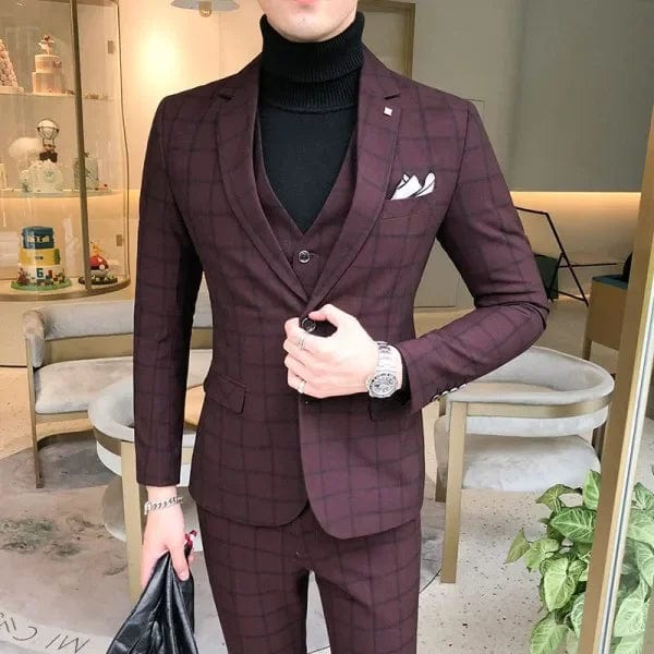 SHOWLU FASHION STORE Men Dress Blazers Pants Vest 3 Piece Set / Male Wedding New 2024 Autumn Business Formal Plaid Suit Luxury Slim Fit Coat Trousers