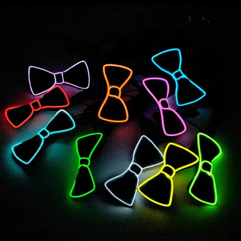 Showlu LED Neon EL Wire Glowing Bow Tie illuminated for parties, Halloween, Christmas, or stage performances, vibrant luminous prop.