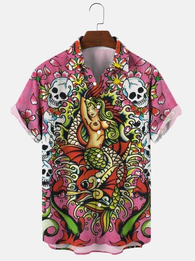Men's Hawaiian beach shirt by SHOWLU FASHION with abstract 3D print, short sleeves, casual summer top, oversized streetwear style.