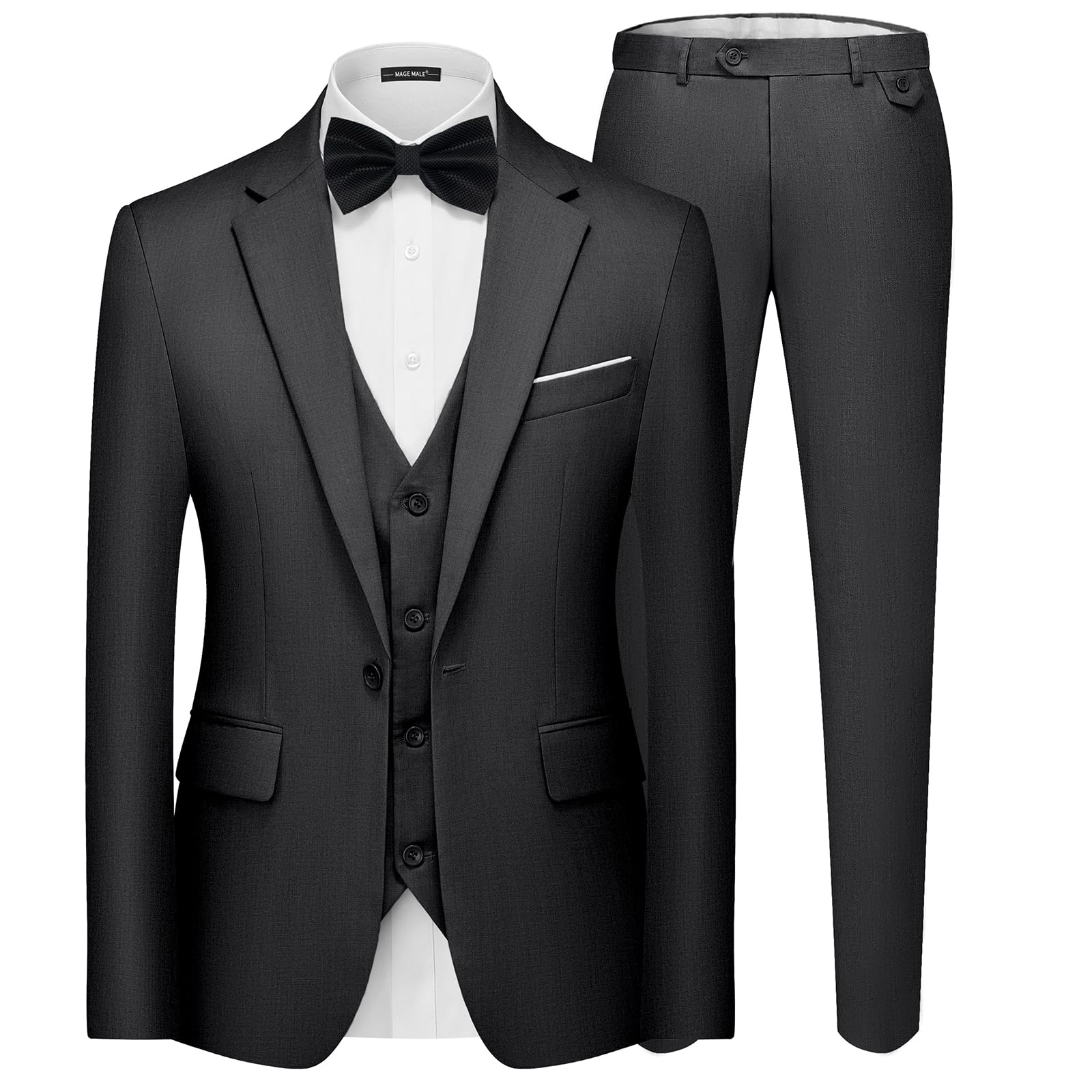 SHOWLU FASHION STORE Men's 3 Pieces Suit Elegant Solid One Button Slim Fit Single Breasted Party Blazer Vest Pants Set. Black