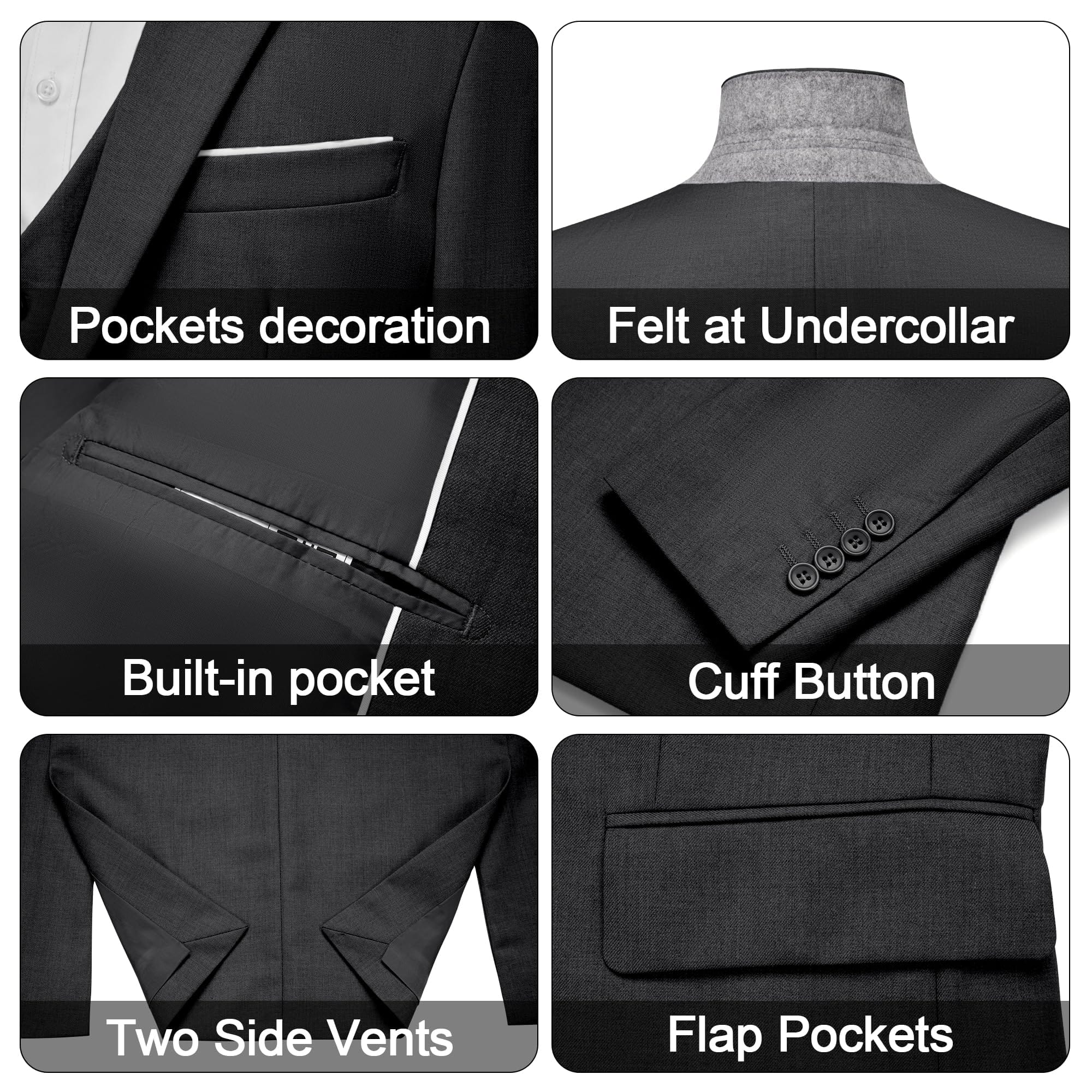 SHOWLU FASHION STORE Men's 3 Pieces Suit Elegant Solid One Button Slim Fit Single Breasted Party Blazer Vest Pants Set. Black