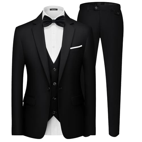 SHOWLU FASHION STORE Men's 3 Pieces Suit Elegant Solid One Button Slim Fit Single Breasted Party Blazer Vest Pants Set. Black