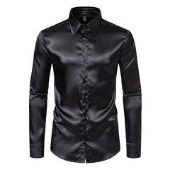 SHOWLU FASHION STORE Men's Black Satin Luxury Dress Shirts Fashion Silk Smooth Tuxedo Shirt Solid Wedding Party Prom Casual Shirt Business Office