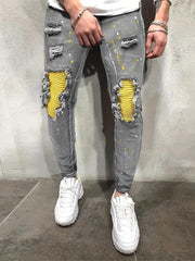  Showlu Fashion Store Men's Casual Creative Street Style High Stretch Paint Splatter Ripped Design Slim Fit Jeans Denim Pants For Spring Summer