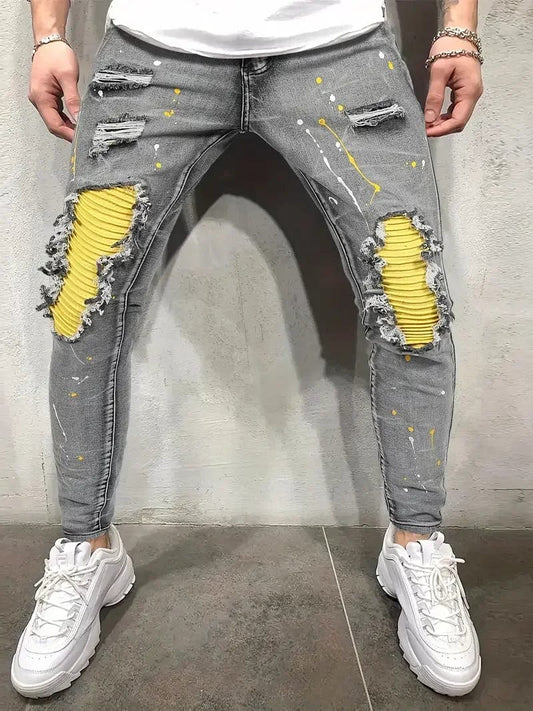  Showlu Fashion Store Men's Casual Creative Street Style High Stretch Paint Splatter Ripped Design Slim Fit Jeans Denim Pants For Spring Summer