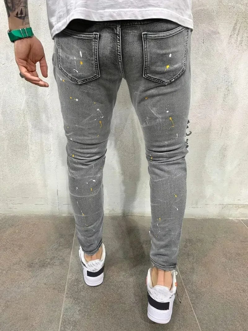  Showlu Fashion Store Men's Casual Creative Street Style High Stretch Paint Splatter Ripped Design Slim Fit Jeans Denim Pants For Spring Summer