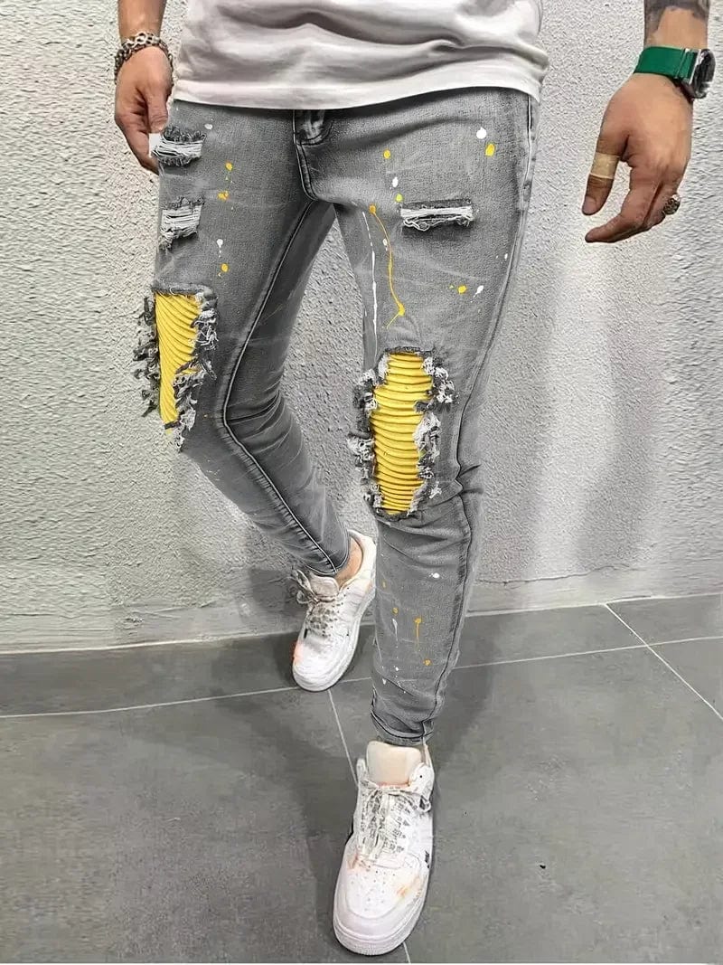  Showlu Fashion Store Men's Casual Creative Street Style High Stretch Paint Splatter Ripped Design Slim Fit Jeans Denim Pants For Spring Summer