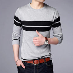  Showlu Fashion Store Men's Casual Striped Knit Spring and Autumn Long Sleeved Pullover Fashion Top