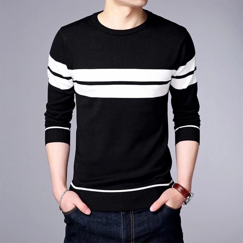  Showlu Fashion Store Men's Casual Striped Knit Spring and Autumn Long Sleeved Pullover Fashion Top