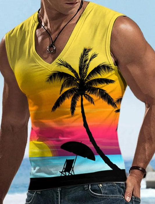 SHOWLU FASHION STORE Men's Coconut Tree Print Sleeveless Hawaiian Tank Top Casual Beach Tank Top O Neck Shirt Mens Fitness Clothing Bodybuilding 2023