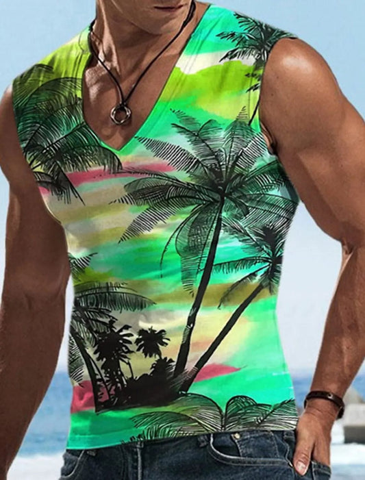 SHOWLU FASHION STORE Men's Coconut Tree Print Sleeveless Hawaiian Tank Top Casual Beach Tank Top O Neck Shirt Mens Fitness Clothing Bodybuilding 2023