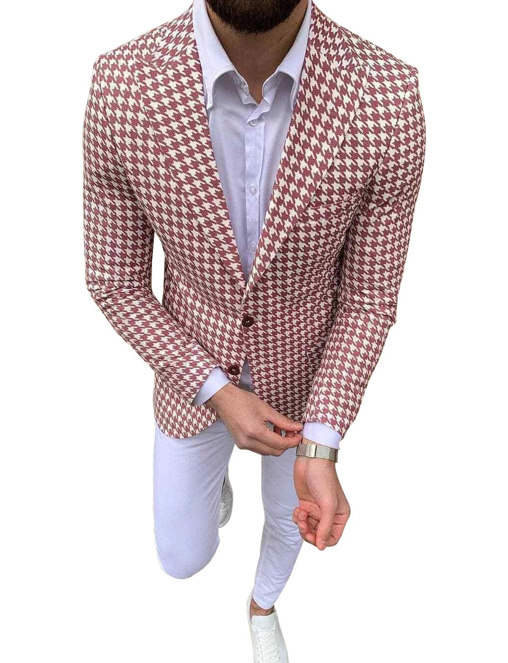 Showlu Fashion men's slim fit houndstooth wool blazer jacket with peak lapel collar, suitable for casual and business wear in spring and winter.