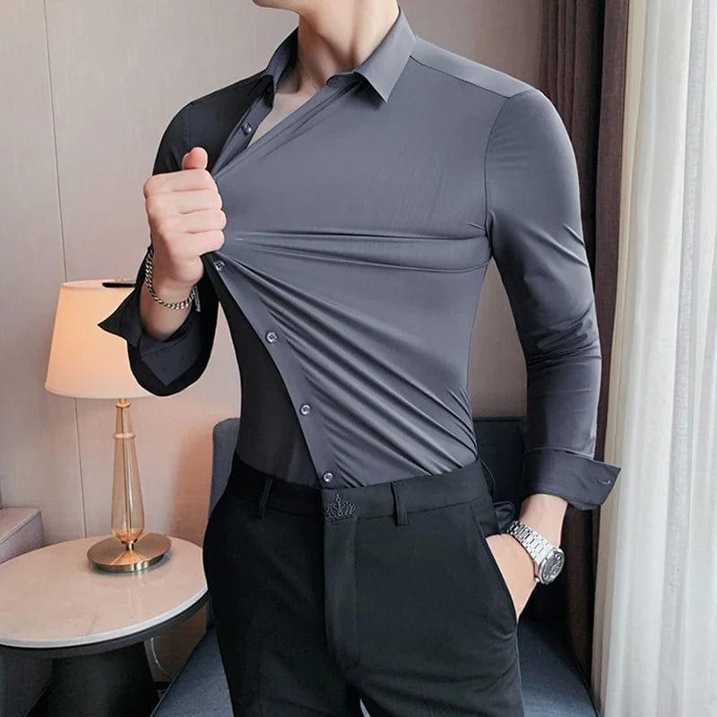  Showlu Fashion Store Men's Long Sleeve Solid Stretch Easy Care Shirt Formal Business Office/Working Wear Standard-fit New Fashion Social Dress Shirts