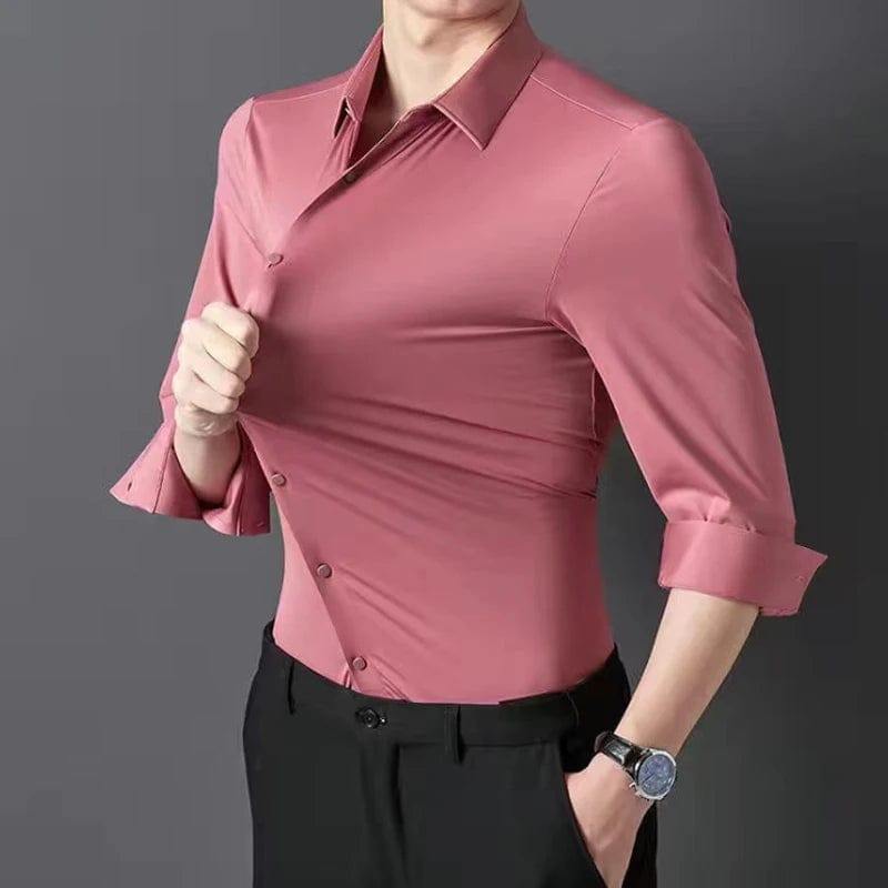  Showlu Fashion Store Men's shirt High elastic and traceless spring and autumn 2024 cotta new long-sleeved  slim spandex non-ironing business leisure