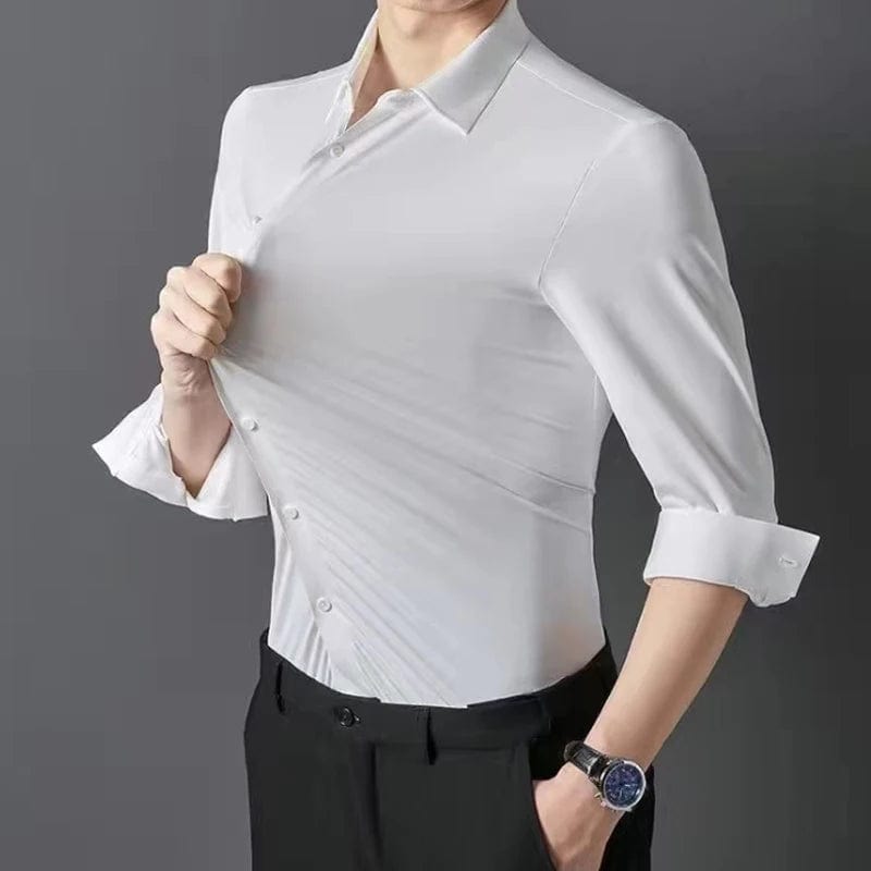  Showlu Fashion Store Men's shirt High elastic and traceless spring and autumn 2024 cotta new long-sleeved  slim spandex non-ironing business leisure