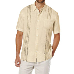  Showlu Fashion Store Men's Short Sleeve Linen Shirt Cuban Beach Tops Pocket Guayabera Shirts Social dress shirt Solid Shirts Flower Holiday