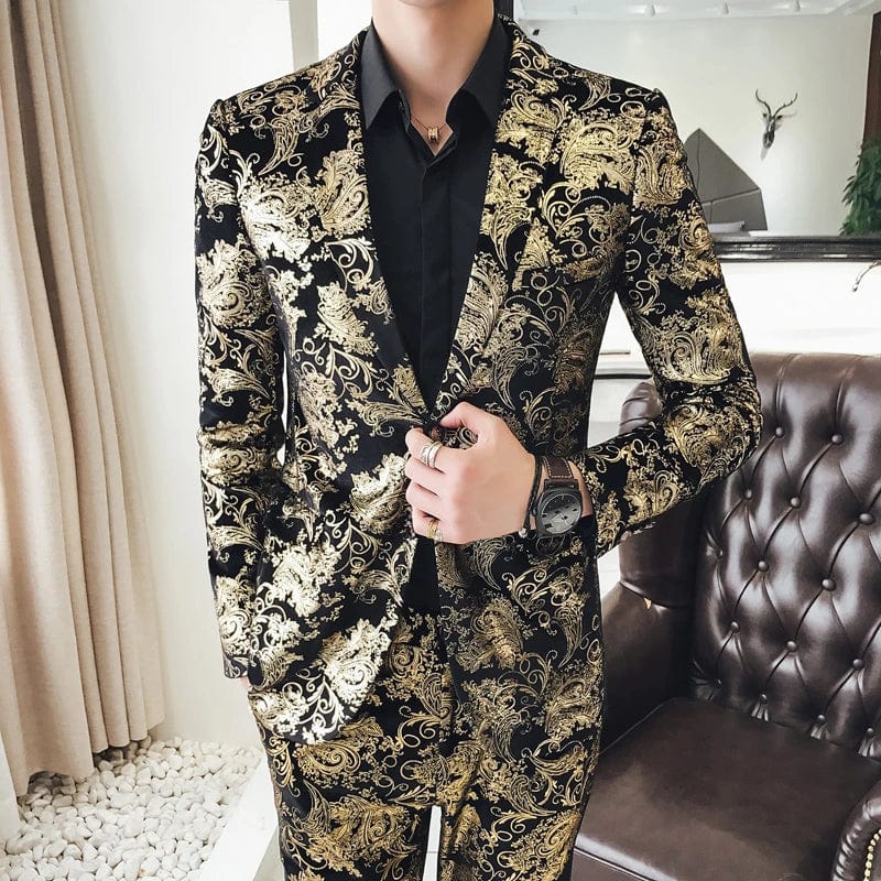 SHOWLU FASHION STORE Men's Suit Set Shiny Gold and Silver 2-piece Set Korean Fashion Host Wedding Set Suit Jacket+pants Men's Hot Stamping Clothing