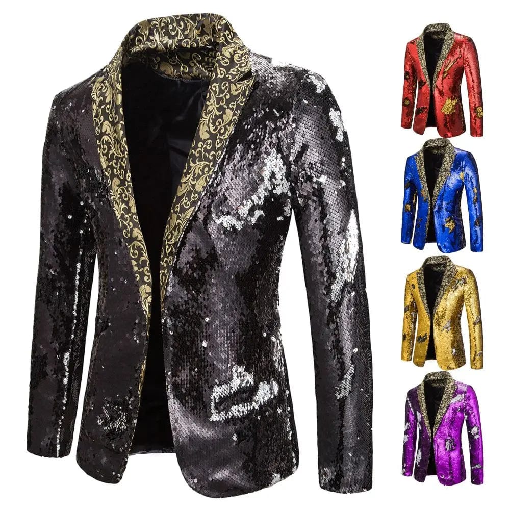 SHOWLU FASHION STORE Men's Suit Shiny two-tone sequin shawl Collar suit Men's Wedding Groom Singer Dance Sequin Suit Jacket DJ Club Stage Men's suit