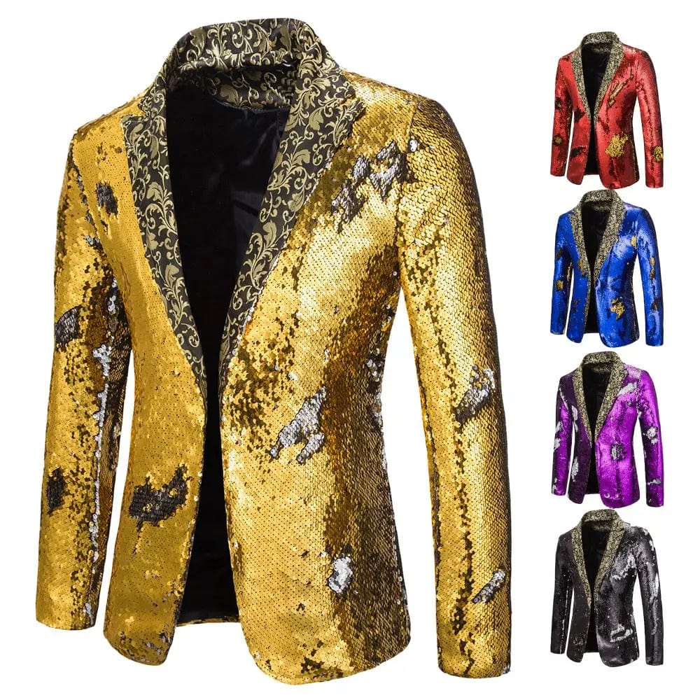 SHOWLU FASHION STORE Men's Suit Shiny two-tone sequin shawl Collar suit Men's Wedding Groom Singer Dance Sequin Suit Jacket DJ Club Stage Men's suit