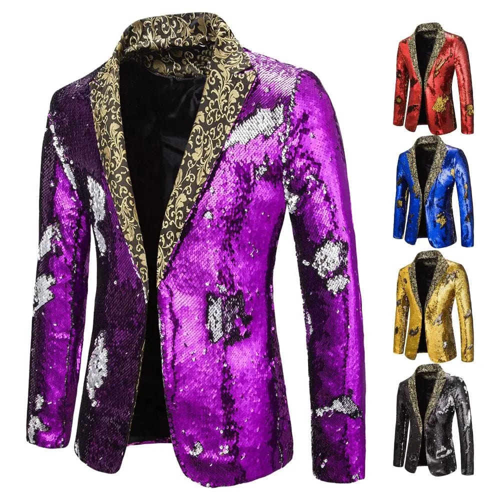 SHOWLU FASHION STORE Men's Suit Shiny two-tone sequin shawl Collar suit Men's Wedding Groom Singer Dance Sequin Suit Jacket DJ Club Stage Men's suit