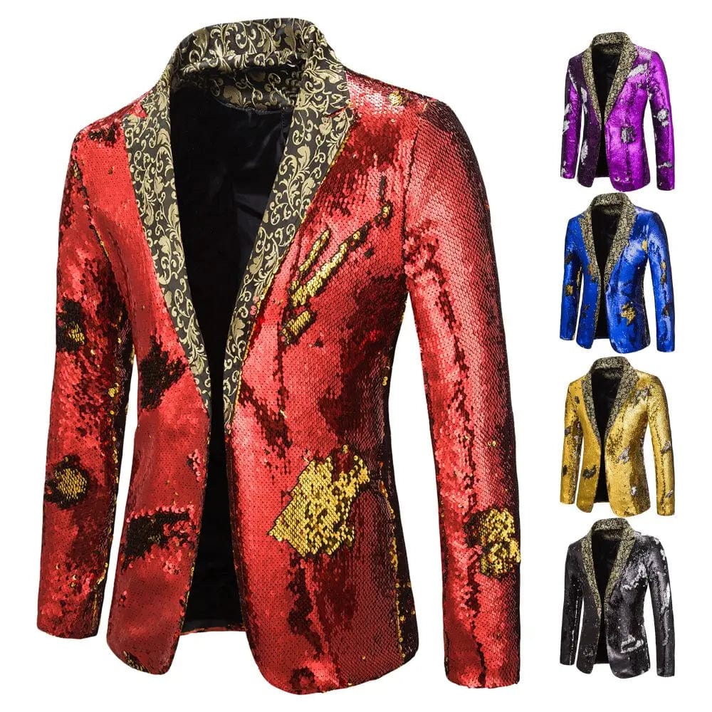 SHOWLU FASHION STORE Men's Suit Shiny two-tone sequin shawl Collar suit Men's Wedding Groom Singer Dance Sequin Suit Jacket DJ Club Stage Men's suit